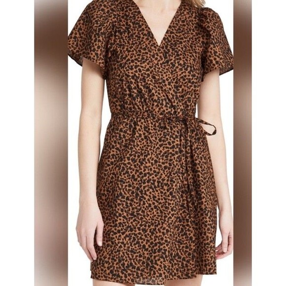 Women's - Madewell Painted Leopard Flutter Sleeve Wrap Mini Dress Size SMALL - Picture 1 of 12